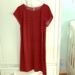 Red and navy print sheath dress